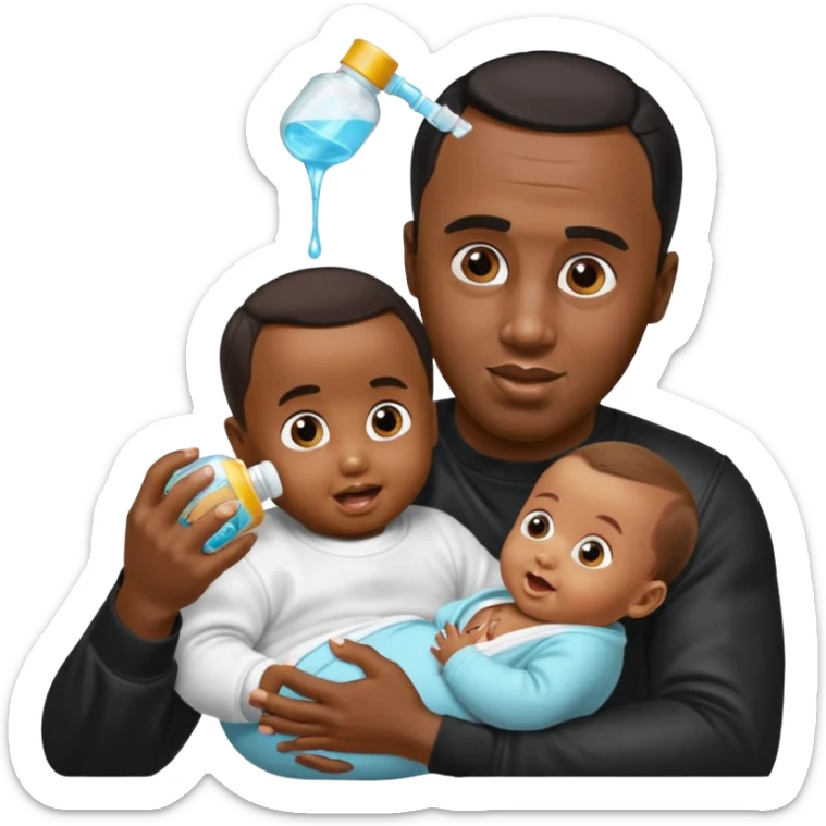 Sean “Diddy” Combs with baby oil and a very small infant and he’s pouring the baby oil on the baby and they have a scared face they’re really scared while diddy is happy sticker