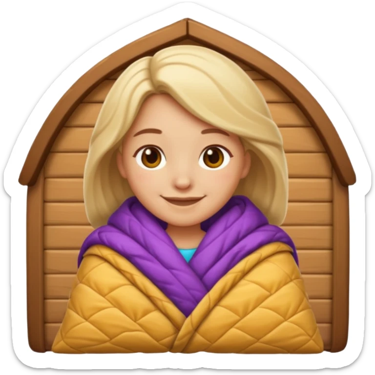 Create an iOS‑style emoji of a girl wrapped in a thick quilted blanket, smiling calmingly with a relaxed, cozy cabin vibe and soft lighting. sticker