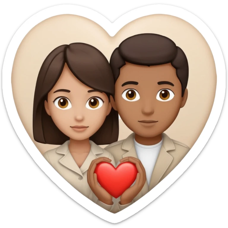A couple with dark brown hair and mixed skin tone inside a white heart, wearing beige clothes sticker