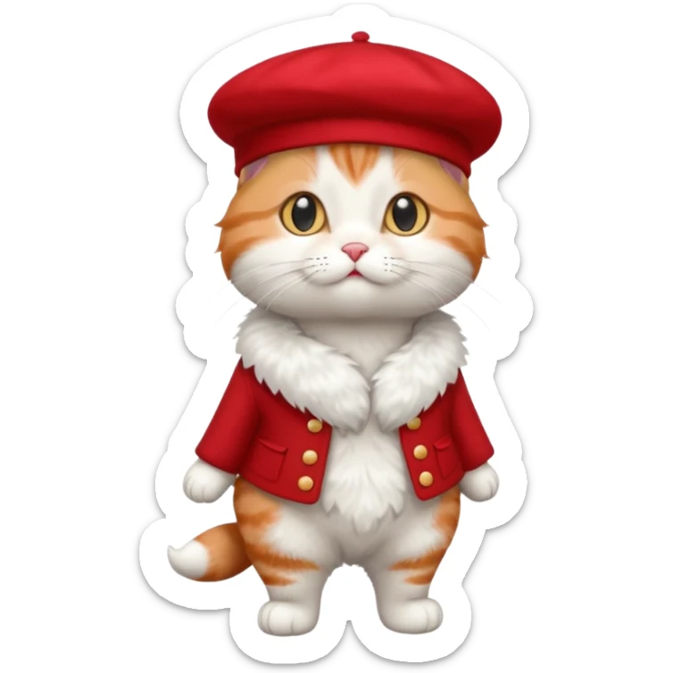 A cute cat emoji, full body, standing in side view, wearing a stylish red beret. sticker