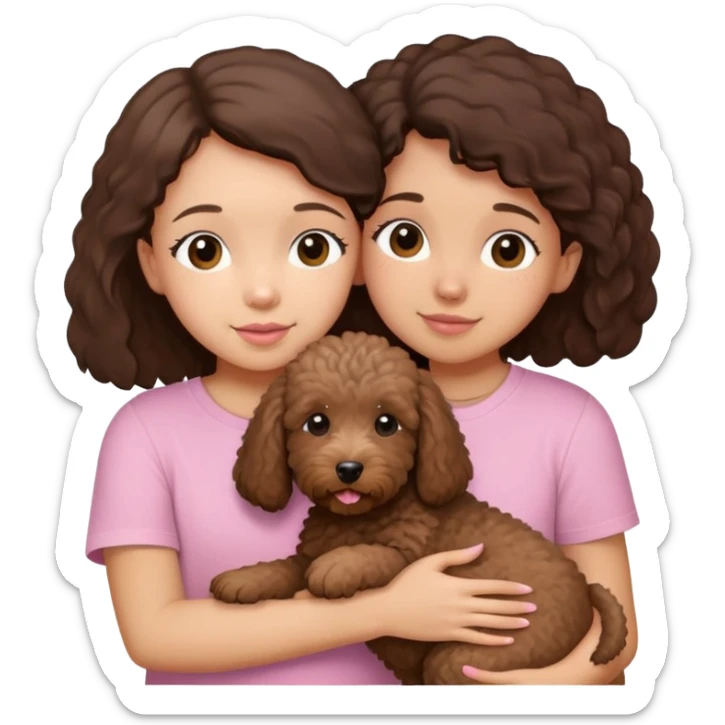 One girl with medium long dark brown hair dressing baby pink T-shirt, hugging One little brown coated labradoodle. sticker