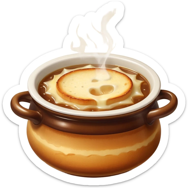 french onion soup in a bowl, melted cheese on top, golden croutons, steam rising sticker