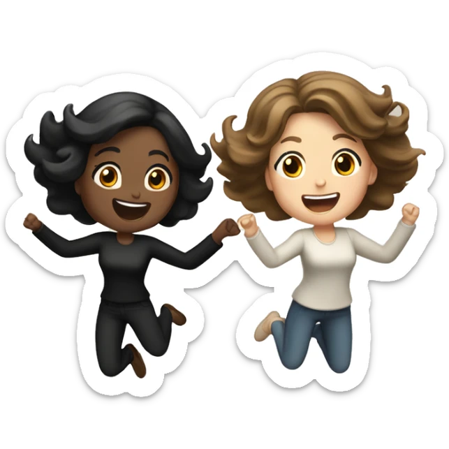 Two pale women, one light brown hair and one black hair, jumping up excitedly sticker