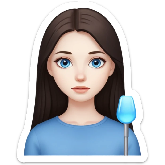 Girl with pale skin, long dark brown straight hair, blue eyes and light makeup sticker