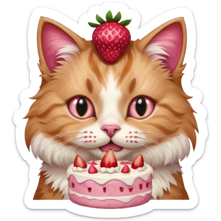 Close-up portrait of a fluffy cat eating a strawberry cake, pink cream on its nose and whiskers, detailed fur texture, soft natural light, shallow depth of field, high resolution, cute and candid moment
 sticker