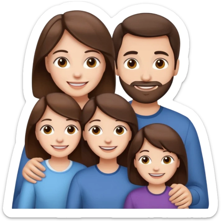happy pale white  four person family with one brown hair dad, one brown hair mom, one dark brown girl, and one brown hair girl sticker