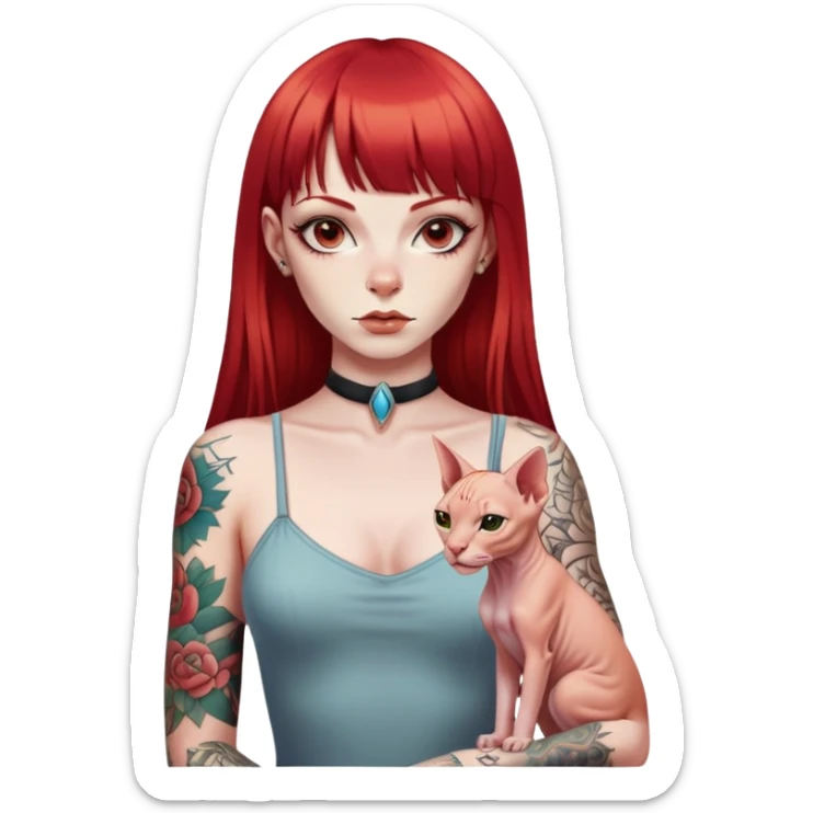 “A girl with long straight red hair and straight bangs, tattoos on her body, and a Sphynx sticker