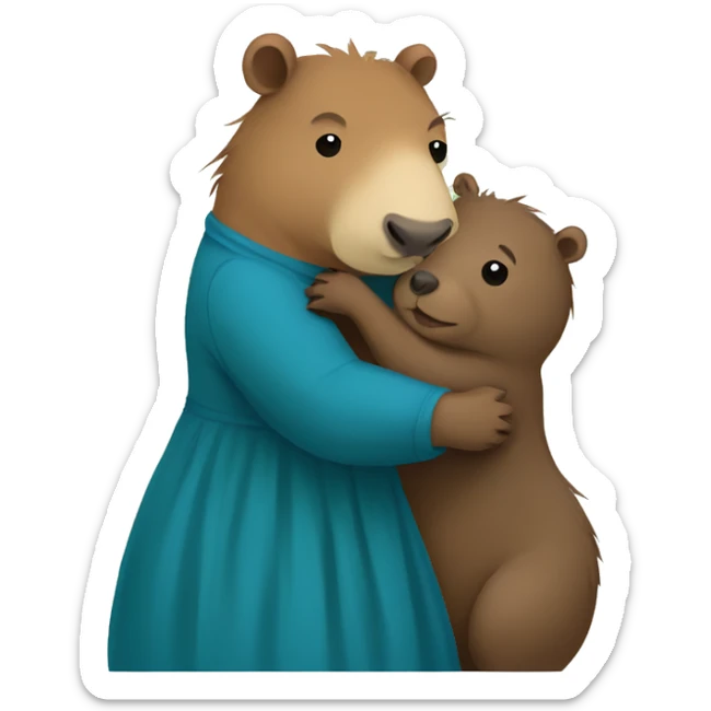 a capybara and bear hugging. the capybara is wearing a green dress and the bear is wearing a blue dress. sticker