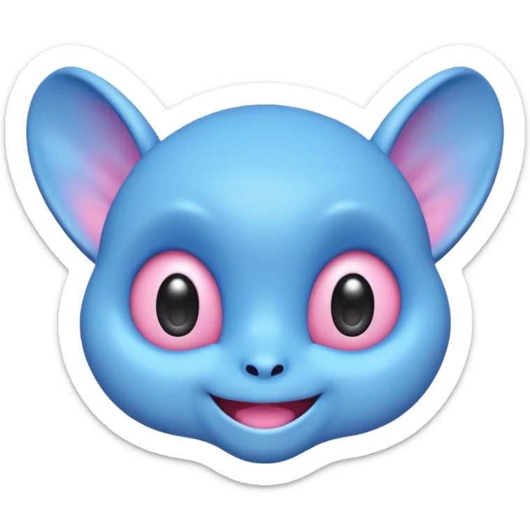 minimalist cute blue alien emoji, big eyes, wide smile, floppy ears with pink inside, pastel palette, kawaii sticker