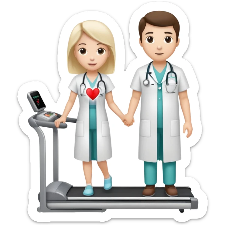 treadmill, patient in hospital gown, heart monitor, and doctor sticker