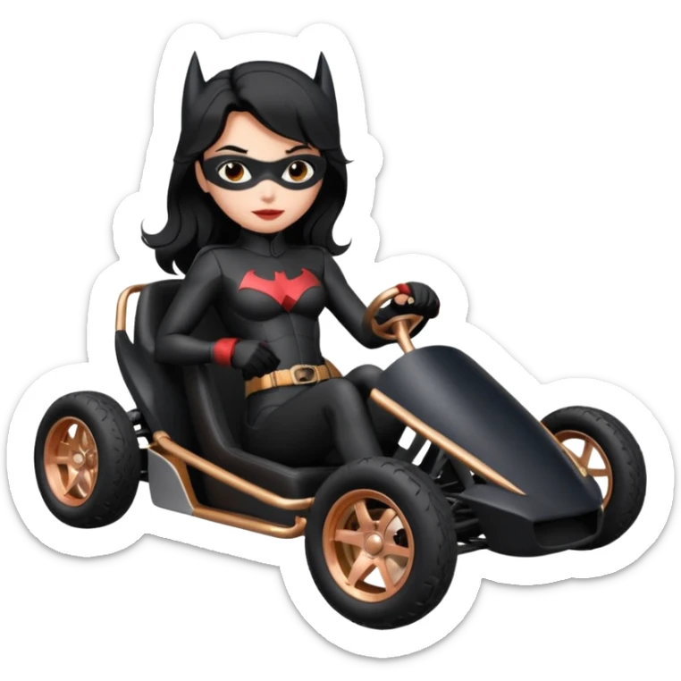 Hot full size real size-appearance electric racing action sexy BatWoman’s feminine midnight-colored tight outfit sixty’s tv show 1992 dark stealthy sporty safe plush petite off-road pursuit cruiser car rose gold accents (black hair,reclined and relaxed torso and shoulders seating position) go kart  sticker