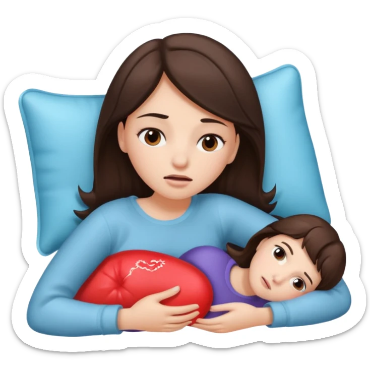 only one brunette girl, with a pain face, lying on her side suffering from menstrual cramps, has a hot water bottle on her stomach. sticker