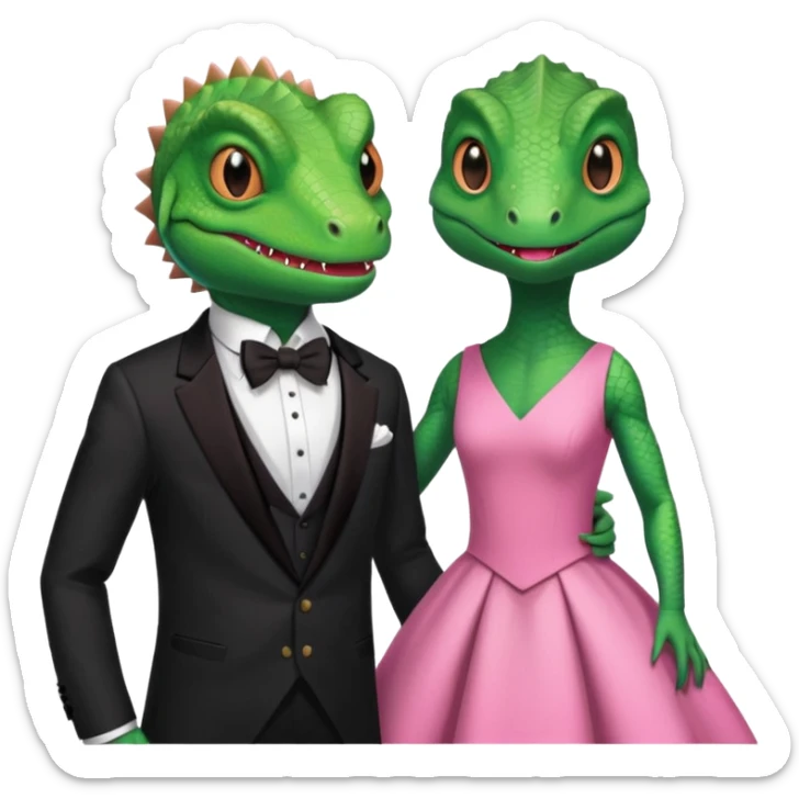 Lizard wears a cute pink dress with her lizard man wears tux sticker
