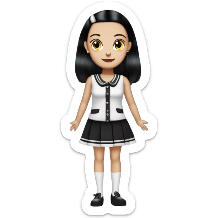 Nighty Brights Francie. Wednesday Addams. Mini-skirt, pumps, bracelet, earrings, purse , tights,go-go boots, Going out with Slippers the kitten.  sticker