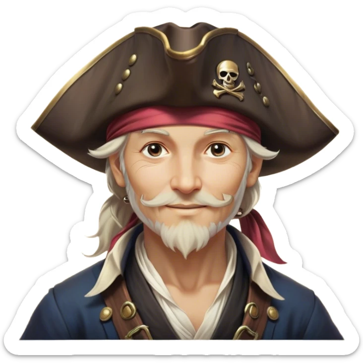 Clash of Clans aesthetic: Beautiful and Majestic Pirate Portrait Emoji, Rendered in serene confidence with a gentle, enigmatic smile and a regal tricorn hat, showcasing a distinguished, weathered build with a timeless bandana and soft, wise eyes in natural skin tone, Simplified yet exquisitely endearing features, highly detailed, glowing with a soft, drowsy maritime light, high shine, calm and heroic, stylized with an air of legendary seafaring elegance, soft glowing outline, capturing the essence of a majestic pirate whose noble spirit inspires epic adventures! sticker