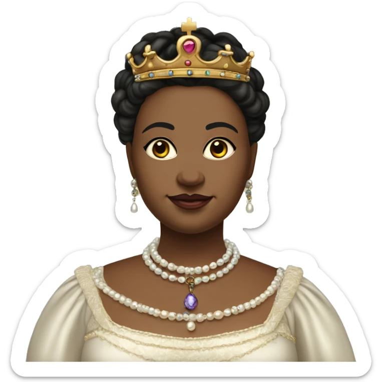 Chubby 35 year old female queen with large breasts. Dark and tied back hair, eyes light-coloured and a bit wide-set. Elizabethan queen's dress and a lot of jewellery such as pearl necklaces, earrings and a crown. She wears an embroidered sash. sticker