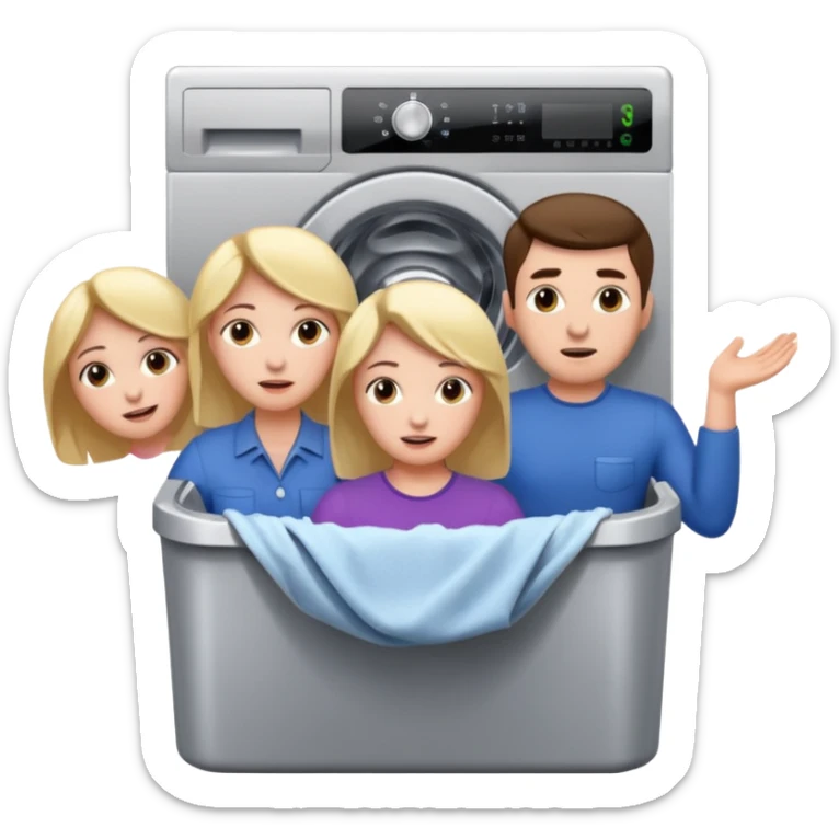 Eine Frau die in der Waschmaschine feststeckt und zwei männer die ihr helfen sticker