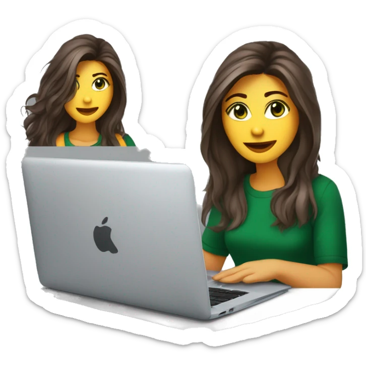 woman; 30's; white skin; dark green eyes; long thick hair parted in the middle; brown hair with gray strands on top; cut in layers shaggy style; wearing a T-shirt; working on a macbook sticker