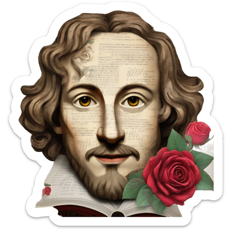 Shakespeare person made of newspaper cuttings wearing flowers, stained glass, fairy lights, bokeh, annotated sketch, handwritten letters, collage of intricate patterns, roses flowers sticker