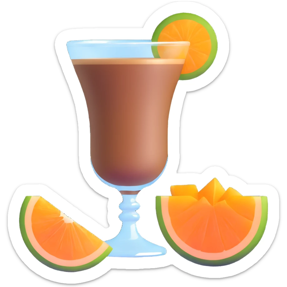 coffee carajillo drink with liquor in a glass with a slice of orange cantaloupe melon on the side sticker