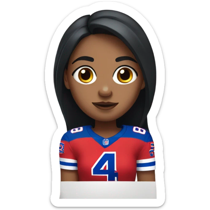 Girl with long black hair and freckles wearing buffalo bills jersey sticker