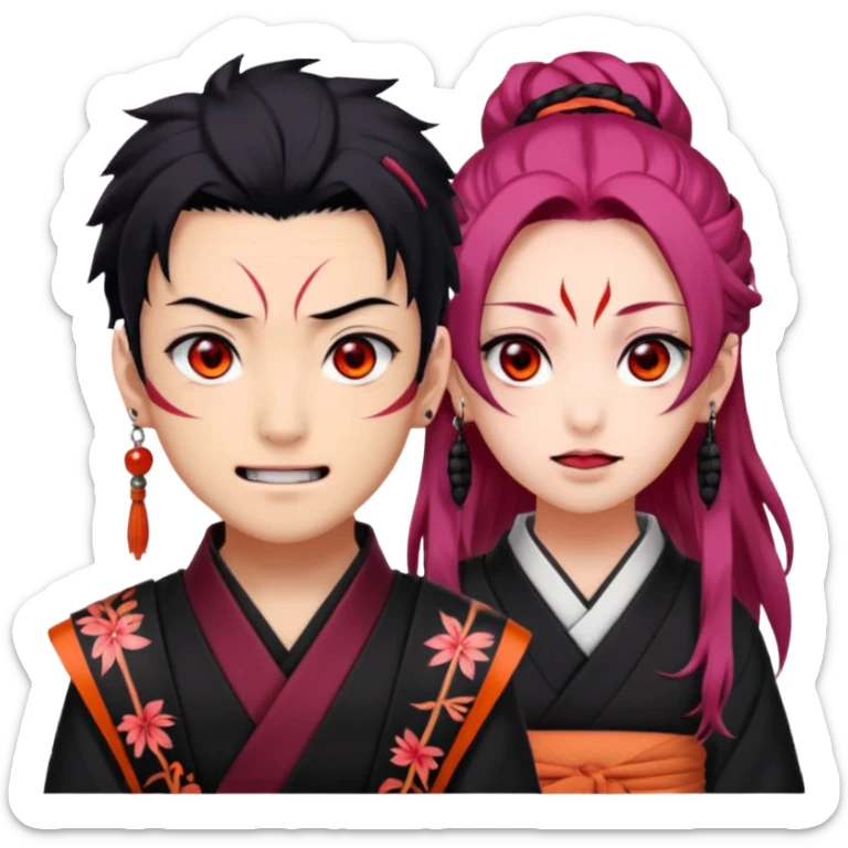 tanjiro male : Kind red eyes, black hair with burgundy tips, forehead scar, tanned skin, Hanafuda earrings.                             nezuko:   Pink eyes, black-orange hair, fangs, bamboo muzzle in mouth. sticker