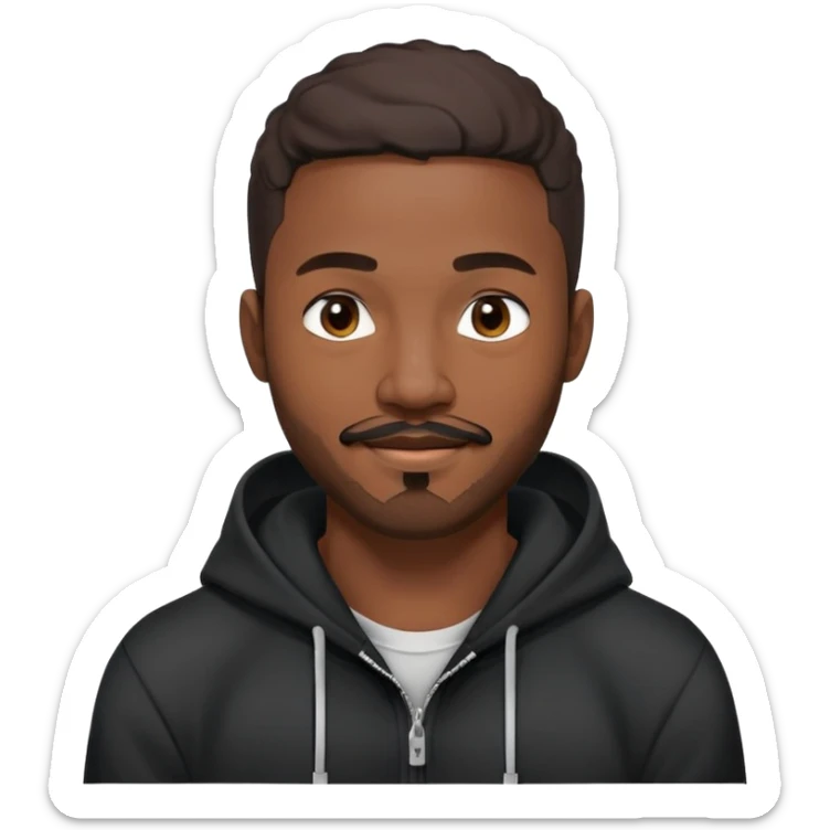 African yound man in his late 20s with a winkand  full short boxed beard and moutache , and a low cut hair, black hoody sticker