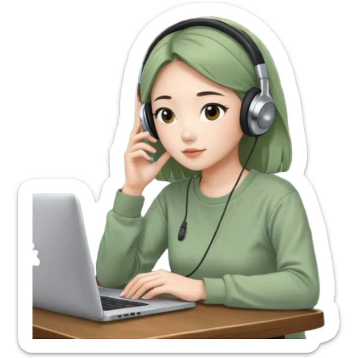 A Korean girl at a dive bar with a laptop and headphones with coffee watchin a korean drama the shirt in sage green sticker
