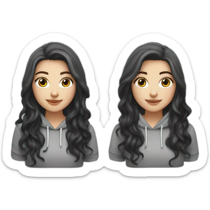 white girl with long black wavy hair with gray eyes in a hoody sticker