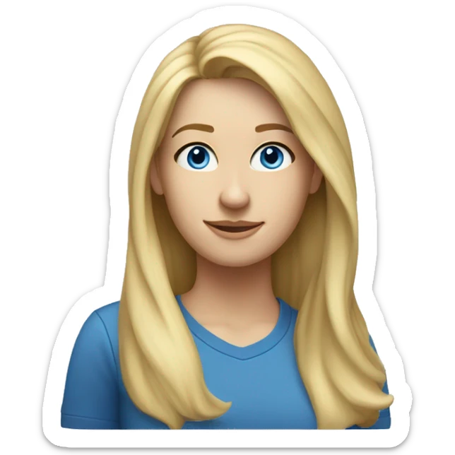A head and shoulders shot of a 34 year old white woman, with long blonde hair,   with blue eyes wearing a t-shirt. sticker