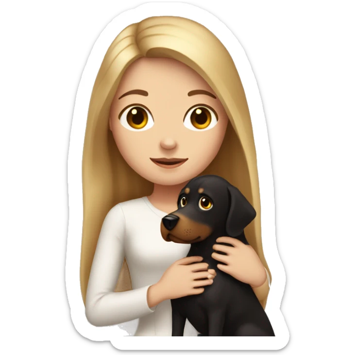 White girl with black long hair holding a brown dog like golden but chocolate  sticker