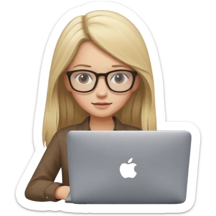Girl in glasses, blonde long hair, with MacBook , brown blouse, typing on gray MacBook sticker