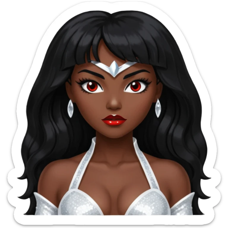 Victory from Vampirella with dark skin, long black hair, white sequin outfit sticker