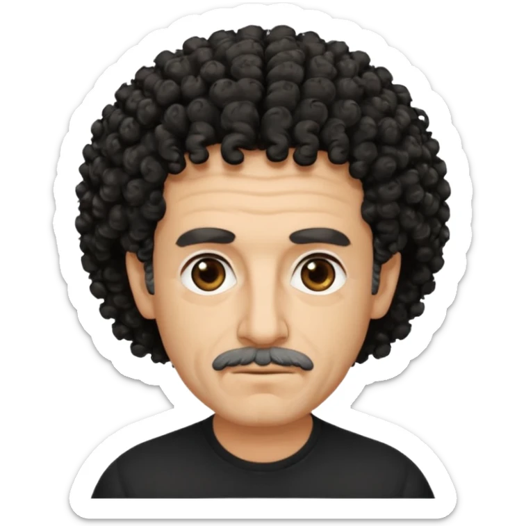 60 year old Greek man with short black curly frizzy hair that sticks up and has a black shirt sticker