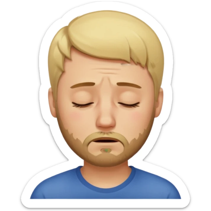 A man with short unparted blond hair hair and a short brown  beard making a weary crying  face with eyes closed sticker