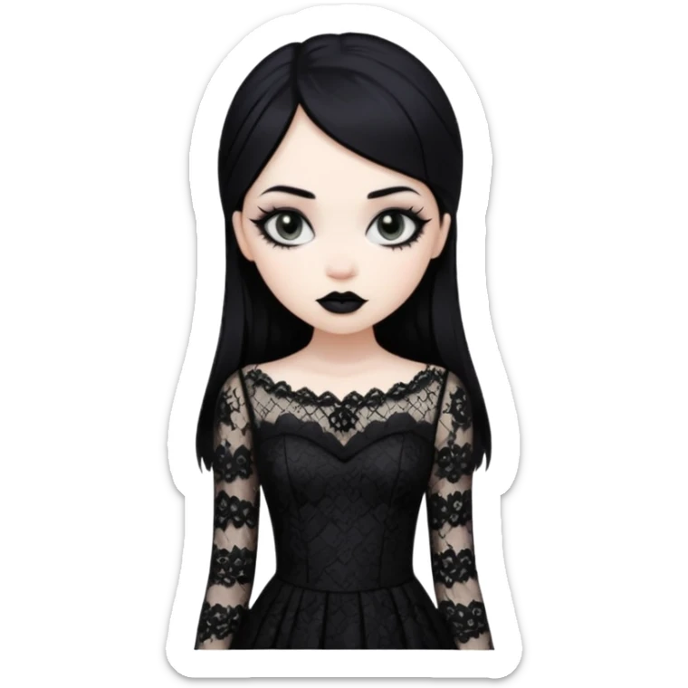 gothic girl pale skin with black lipstick and black hair and eyeliner wearing a black dress lace  sticker