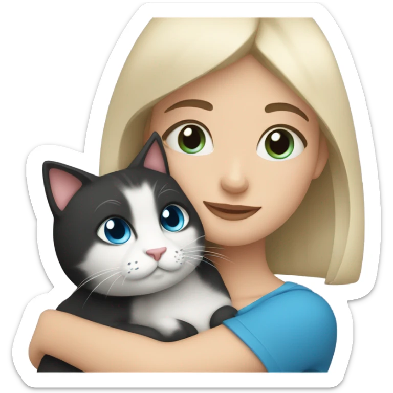 Girl with short black hair and blue eyes cuddling with a cat sticker