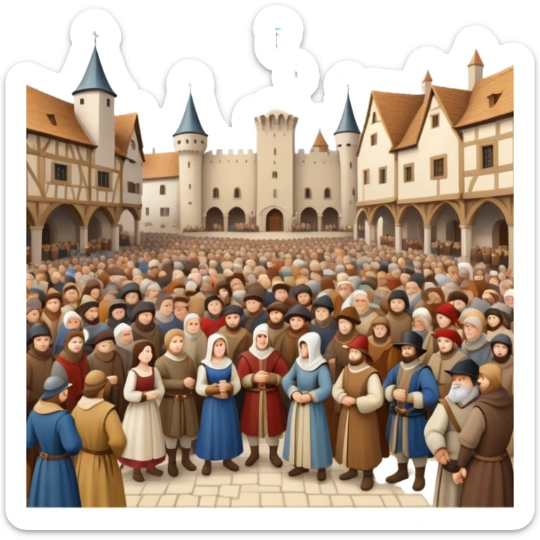 Large crowd of medieval people gathered in town square, mixture of wealthy merchants in fine clothes and commoners in simple attire sticker