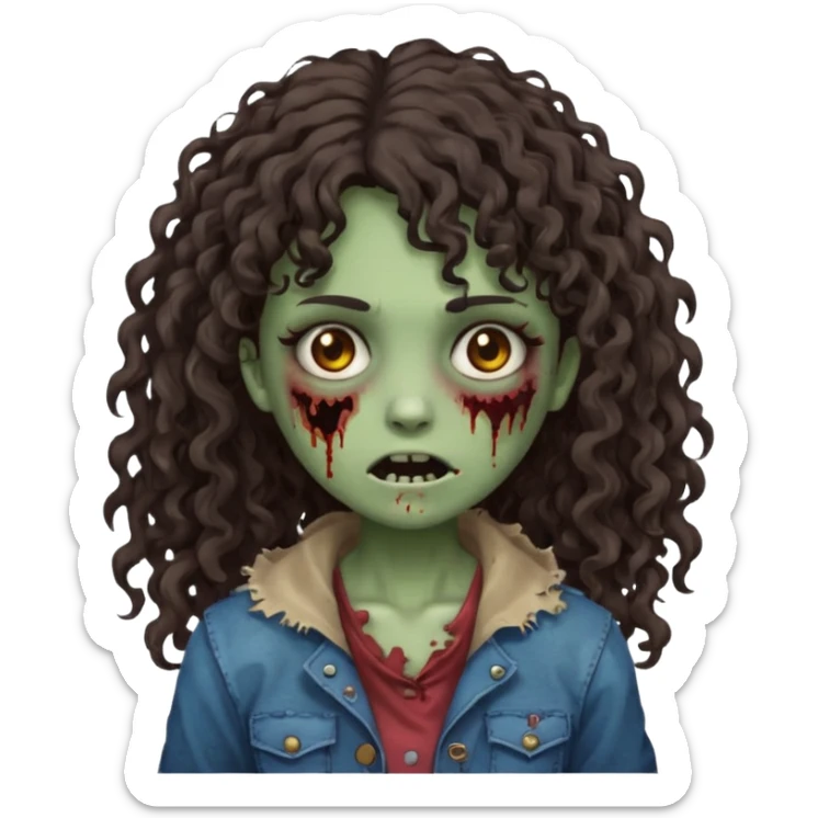 Emoji garota zombie com cabelo castanho escuro cacheado longo com franja cacheada sticker