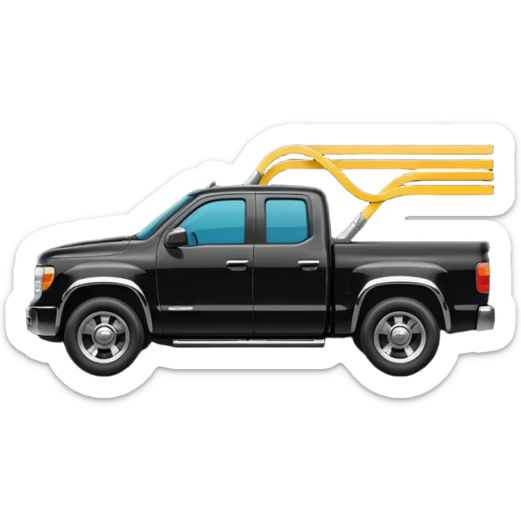 A simple emoji-style icon of a black pickup truck driving on a road with motion lines behind it, viewed from the side, shiny black color with chrome details, minimal flat design, vibrant colors, transparent background sticker