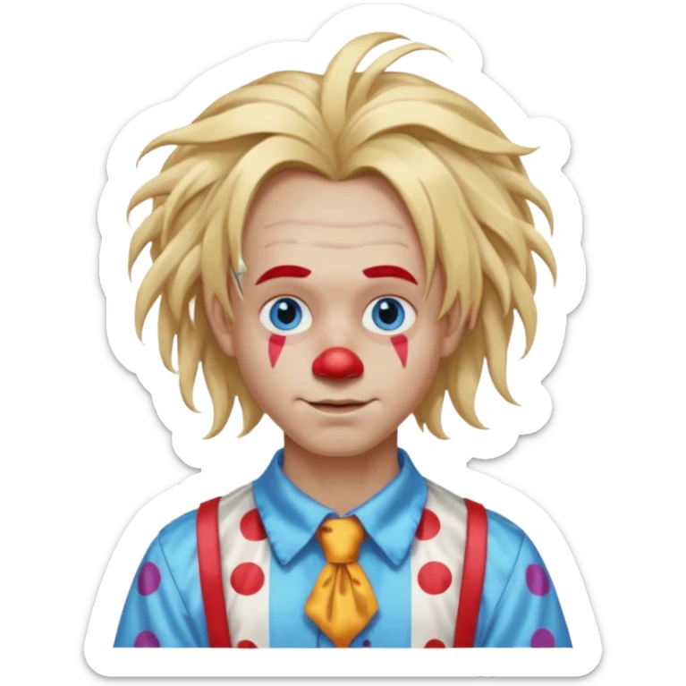 clown boy with messy very long long blonde hair blue eyes, designer shirt and hair pins sticker