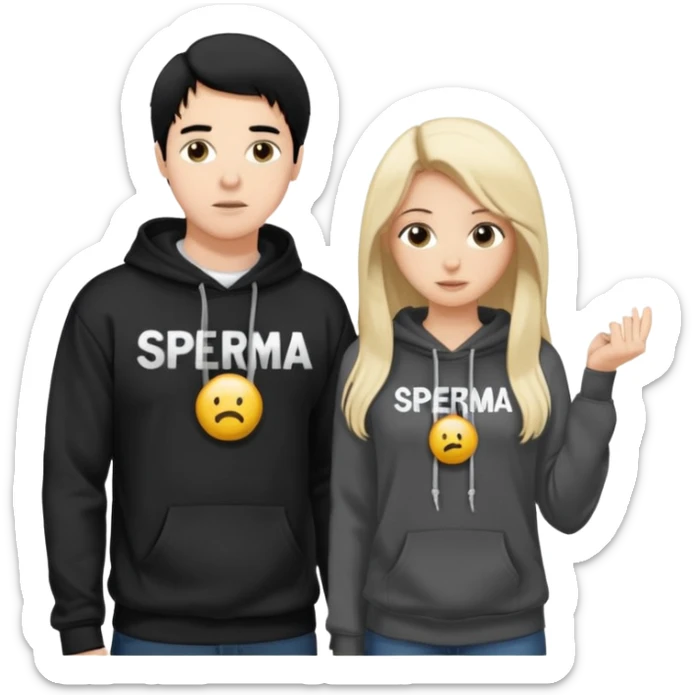 I want it to be this emote 🙍‍♂️
of a white guy with black hair and a black sweatshirt with the word "sperma" written in white in the middle. Behind him, there's a pretty blonde with long hair, pulling the string on the first person's hoodie. The girl is wearing a gray sweatshirt. sticker