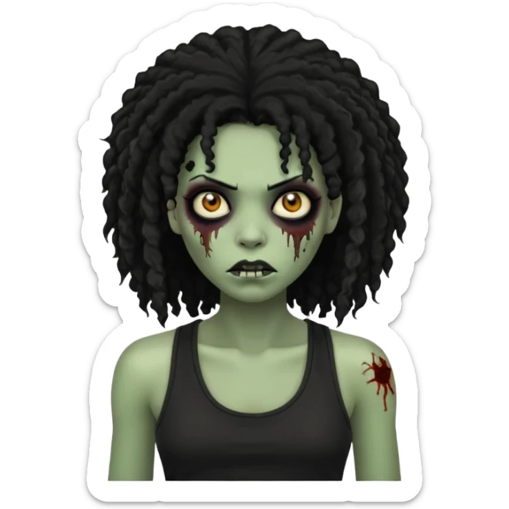 a female zombie with sage green skin, black long afro afro hair with edges, and a black tank top  sticker