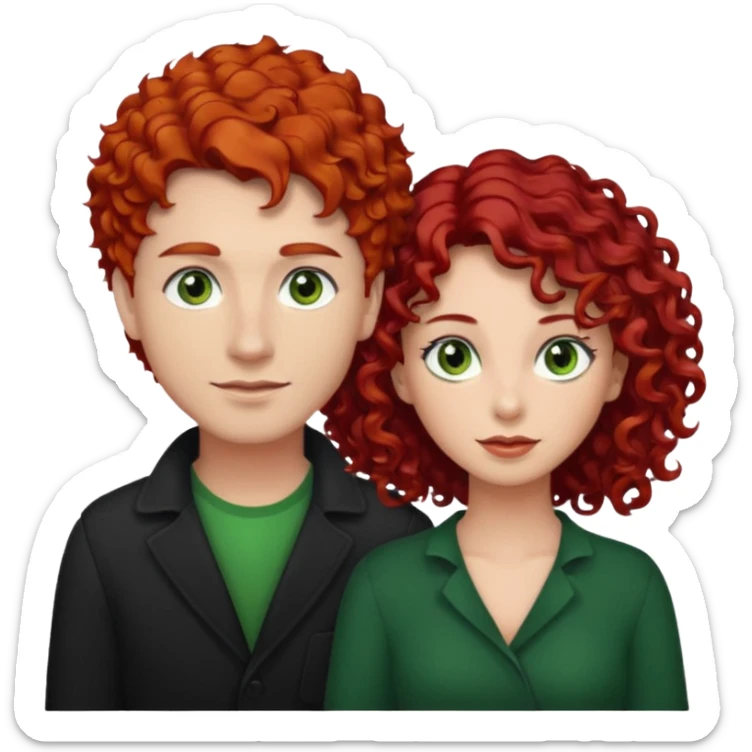create a couple men with a red hair and browm eyes and woman with curly black hair and green eyes sticker