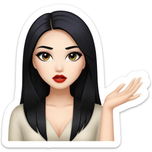 baddie with Asian and Latina features, long straight black hair, glamour makeup, white skin sticker