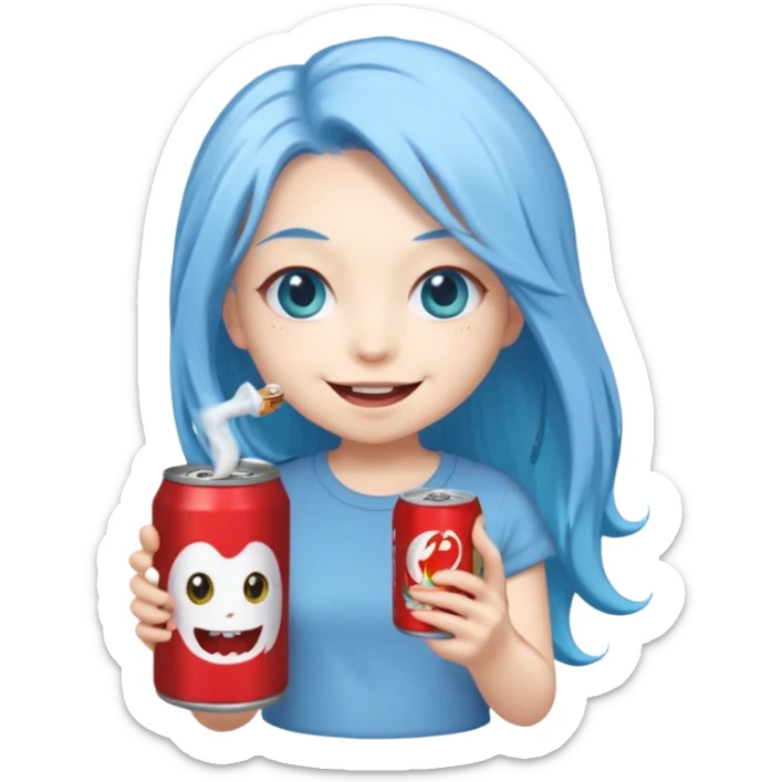 Chibi sticker of a woman with very long powder blue hair with white eyes holding a can of white Monster with a smug smile sticker