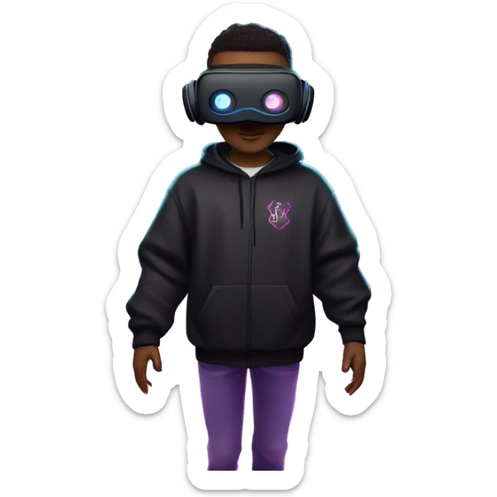 Harry Potter wearing a black hoodie with "OMG" letters on it and VR headset oculus quest 2 in a cyberpunk VR environment with violet neon lighting. sticker