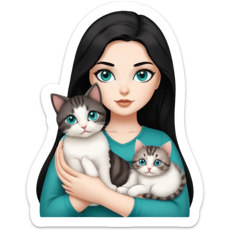 Hot curvy woman, teal eyes black eyelashes, long hair, with super cute kitten, she is white with brown hair, black top, the cat is a brown and grey tabby sticker