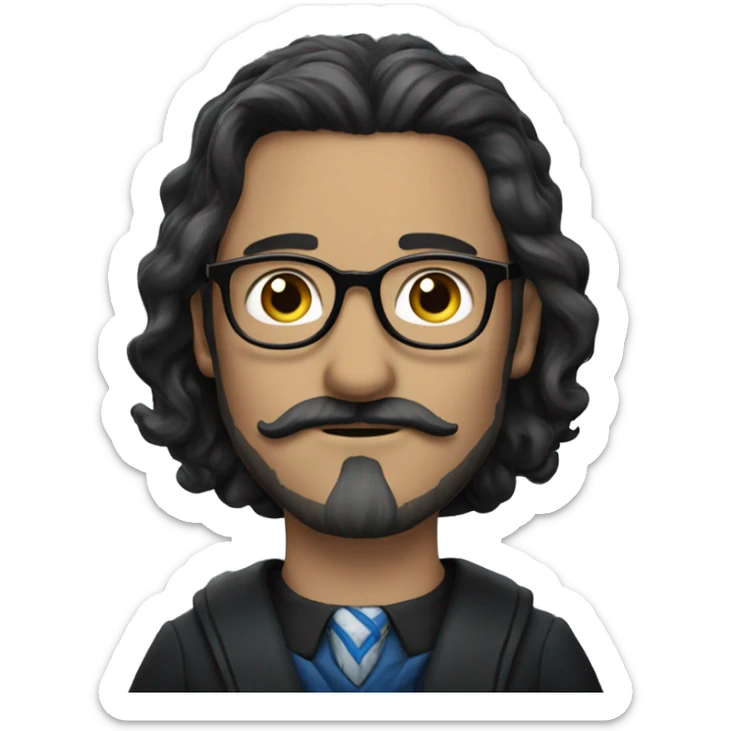 a white man with black, long and straight hair, a black mustache and glasses, ravenclaw sticker