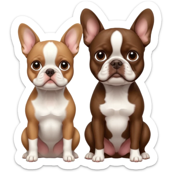 All pure white French bulldog sitting next to skinny brown Boston terrier sticker